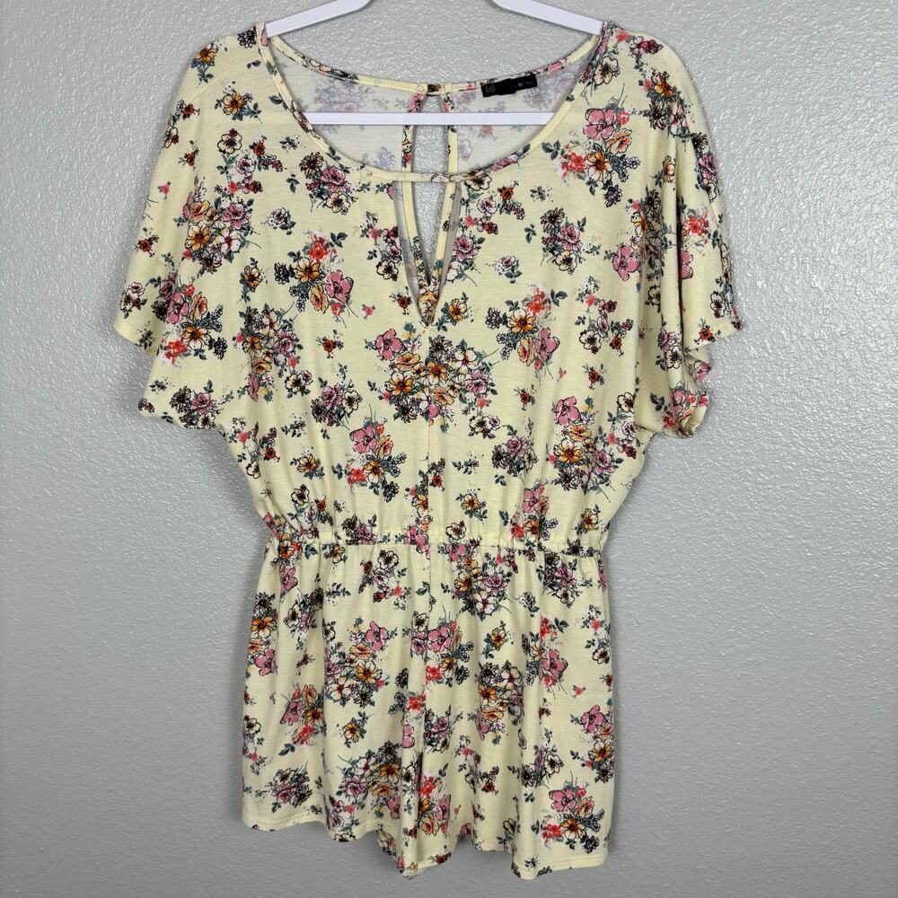 Bebop Clothing Size M Yellow Pink Purple Floral Elastic Waist Romper Jumpsuit
